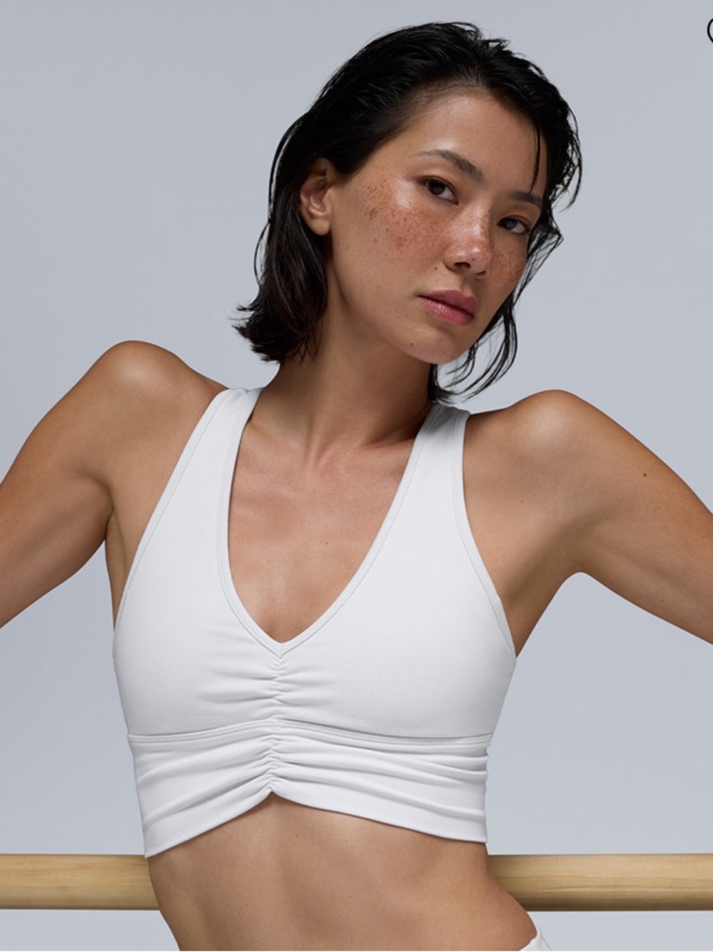 ALO Yoga Cream/Light Beige Ruched Racerback Sports Bra